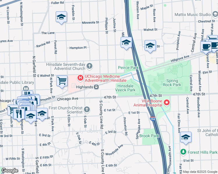 map of restaurants, bars, coffee shops, grocery stores, and more near 523 Highland Road in Hinsdale