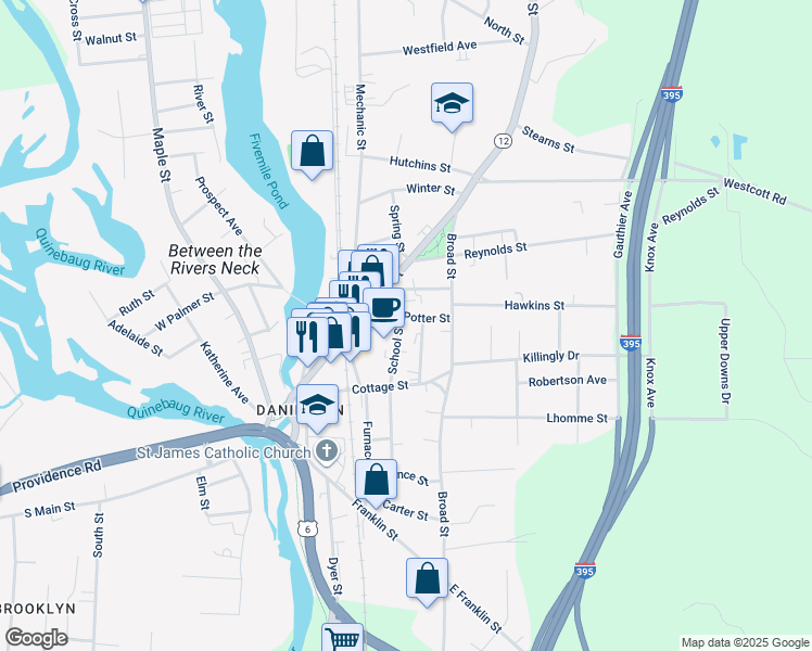 map of restaurants, bars, coffee shops, grocery stores, and more near 130 School Street in Killingly