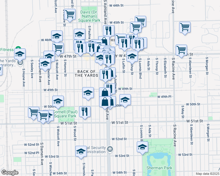 map of restaurants, bars, coffee shops, grocery stores, and more near 4857 South Ashland Avenue in Chicago