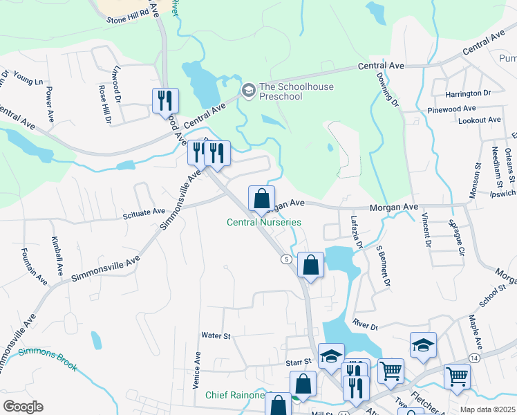 map of restaurants, bars, coffee shops, grocery stores, and more near 315 Morgan Avenue in Johnston