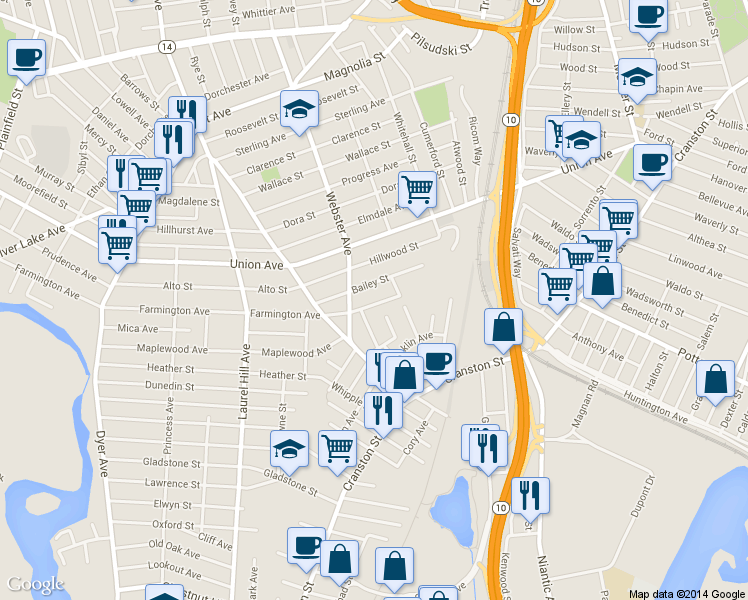 map of restaurants, bars, coffee shops, grocery stores, and more near 472 Farmington Ave in Cranston
