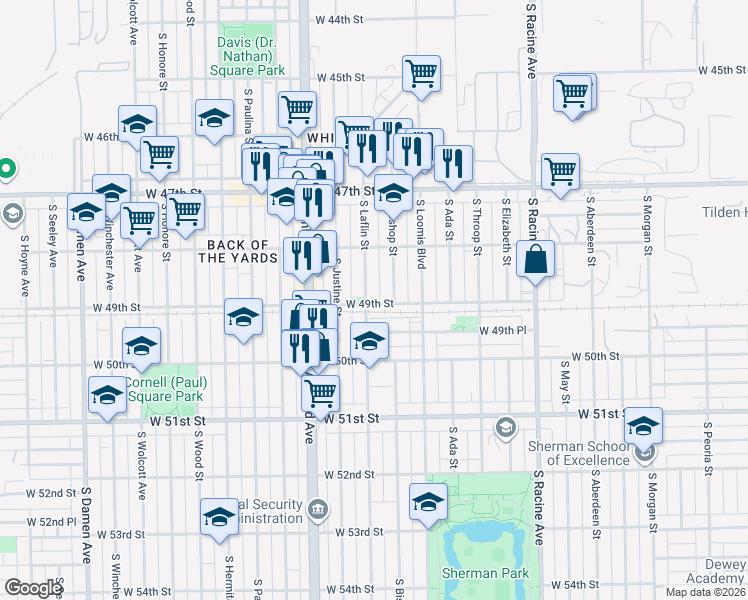 map of restaurants, bars, coffee shops, grocery stores, and more near 4858 South Bishop Street in Chicago