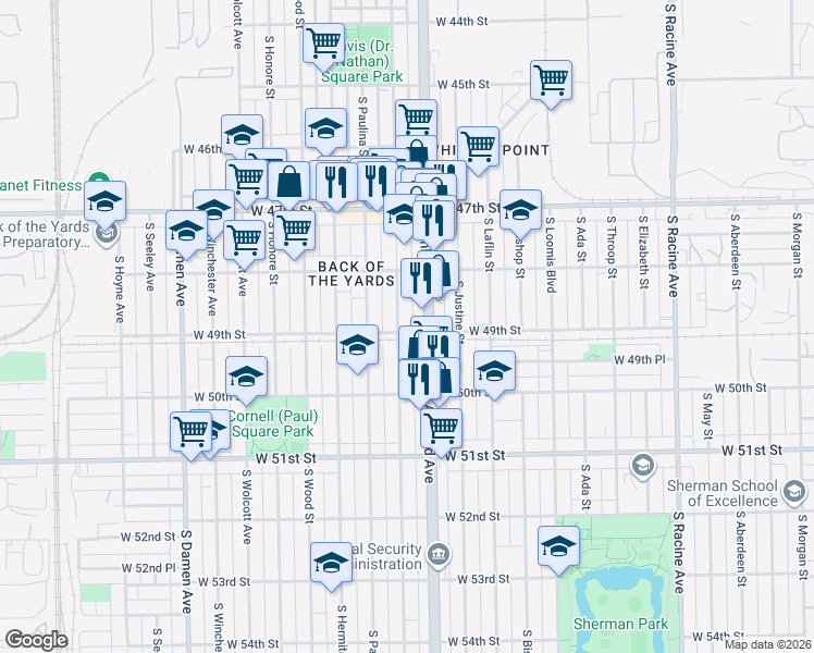 map of restaurants, bars, coffee shops, grocery stores, and more near 4857 South Marshfield Avenue in Chicago