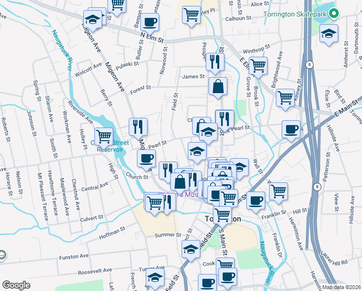 map of restaurants, bars, coffee shops, grocery stores, and more near 67 Prescott Street in Torrington