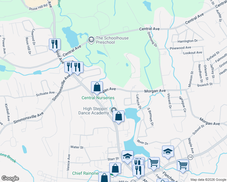 map of restaurants, bars, coffee shops, grocery stores, and more near 278 Morgan Avenue in Johnston