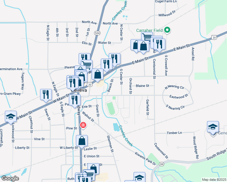 map of restaurants, bars, coffee shops, grocery stores, and more near 259 Eastwood Street in Geneva