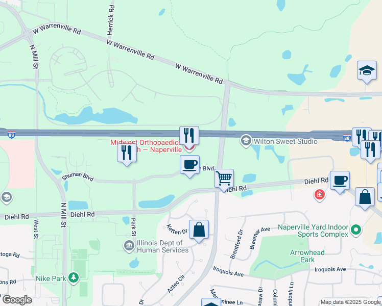 map of restaurants, bars, coffee shops, grocery stores, and more near 55 Shuman Boulevard in Naperville