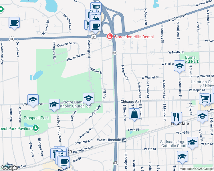 map of restaurants, bars, coffee shops, grocery stores, and more near 223 Coe Road in Clarendon Hills