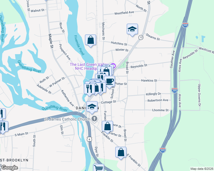 map of restaurants, bars, coffee shops, grocery stores, and more near 13 Center Street in Killingly