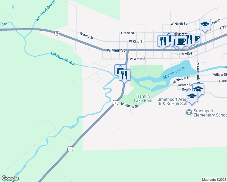 map of restaurants, bars, coffee shops, grocery stores, and more near 86 Marvin Street in Smethport