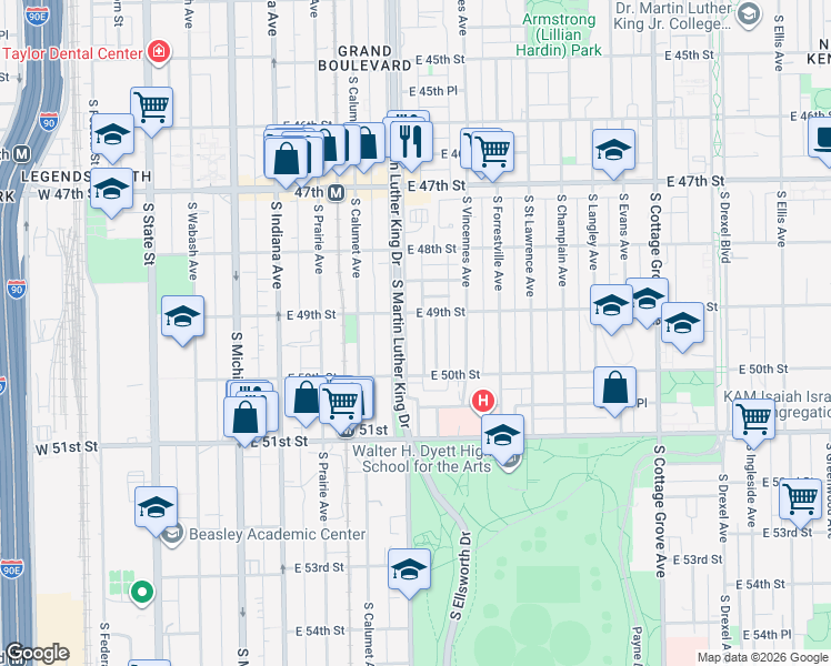 map of restaurants, bars, coffee shops, grocery stores, and more near 4924a South Doctor Martin Luther King Junior Drive in Chicago