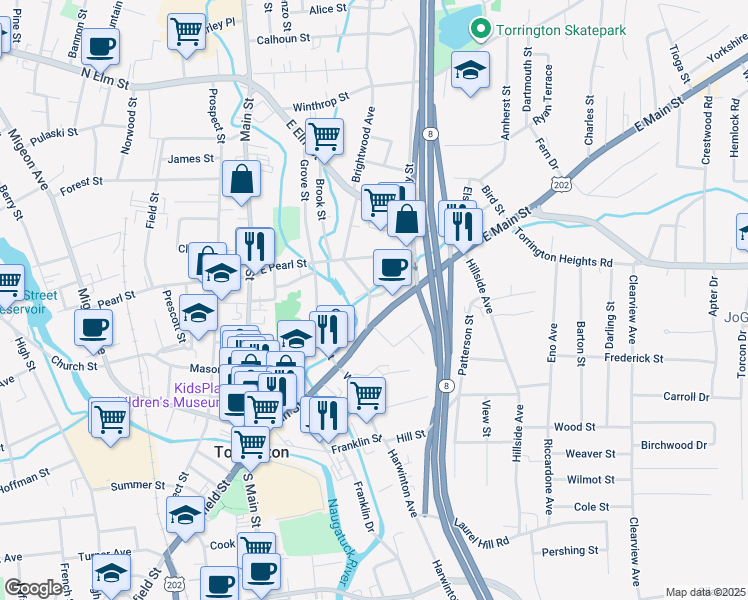 map of restaurants, bars, coffee shops, grocery stores, and more near 36 Brookside Avenue in Torrington