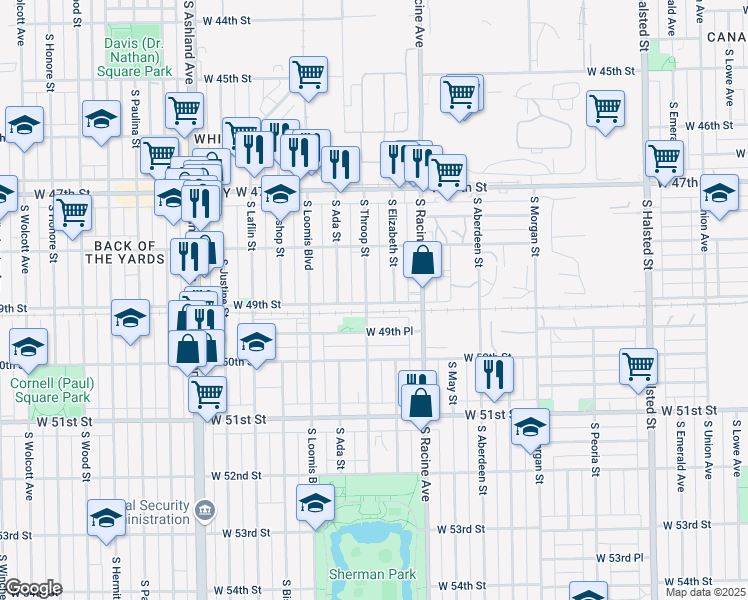 map of restaurants, bars, coffee shops, grocery stores, and more near 4859 South Throop Street in Chicago