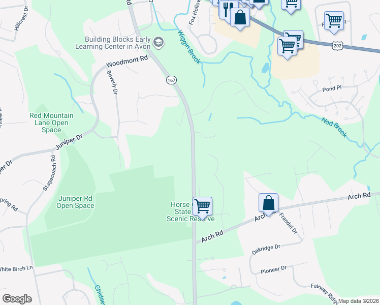 map of restaurants, bars, coffee shops, grocery stores, and more near 187 West Avon Road in Avon