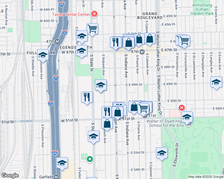 map of restaurants, bars, coffee shops, grocery stores, and more near 4921 South Michigan Avenue in Chicago