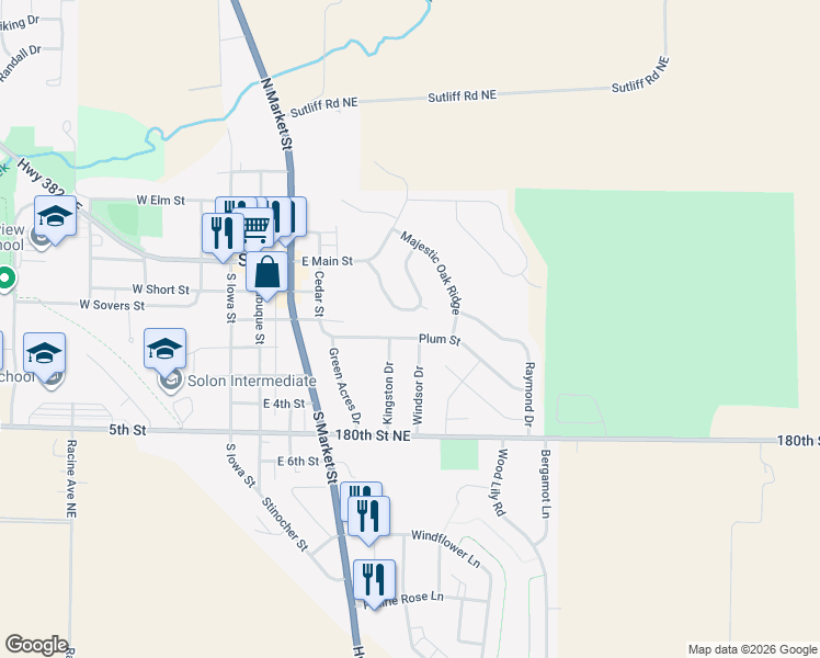 map of restaurants, bars, coffee shops, grocery stores, and more near 506 Plum Street in Solon