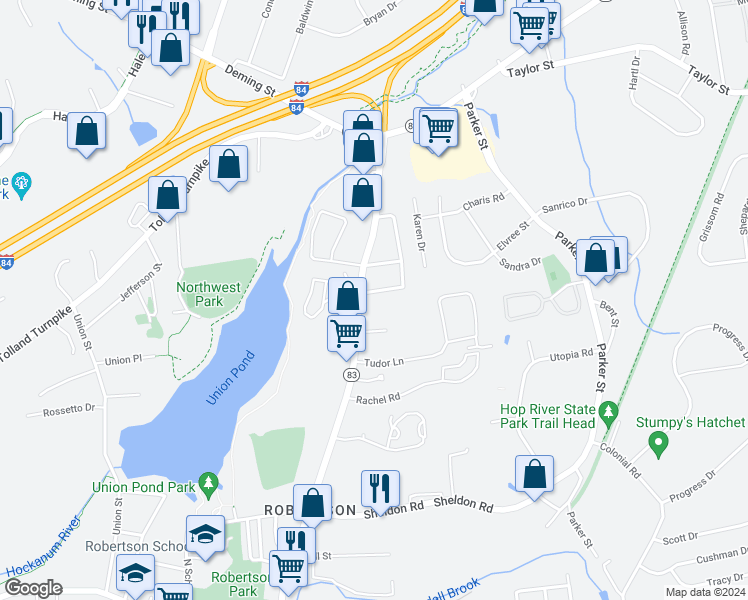 map of restaurants, bars, coffee shops, grocery stores, and more near 339 Oakland Street in Manchester