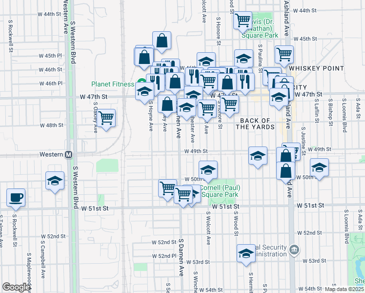 map of restaurants, bars, coffee shops, grocery stores, and more near 4851 South Damen Avenue in Chicago