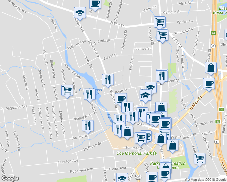 map of restaurants, bars, coffee shops, grocery stores, and more near 100 Migeon Avenue in Torrington