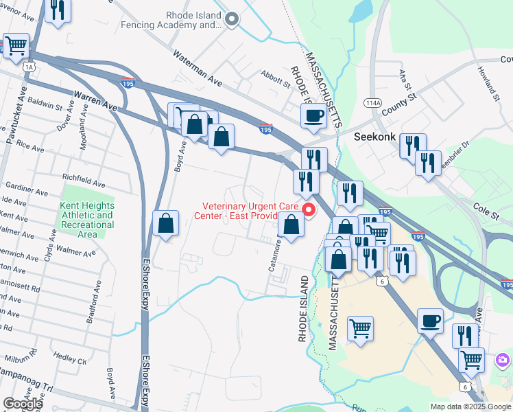 map of restaurants, bars, coffee shops, grocery stores, and more near 15 Evergreen Drive in East Providence