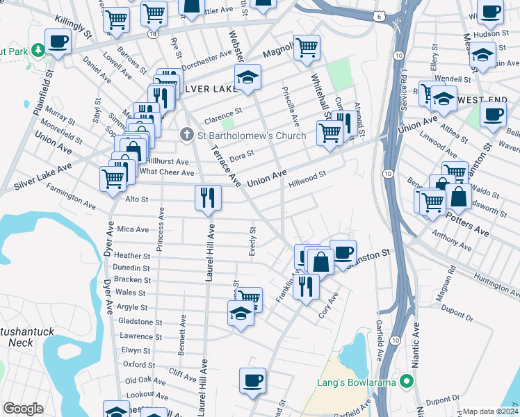 map of restaurants, bars, coffee shops, grocery stores, and more near 175 Terrace Avenue in Cranston