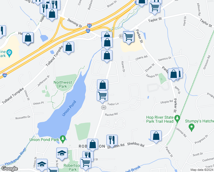map of restaurants, bars, coffee shops, grocery stores, and more near 331 Oakland Street in Manchester