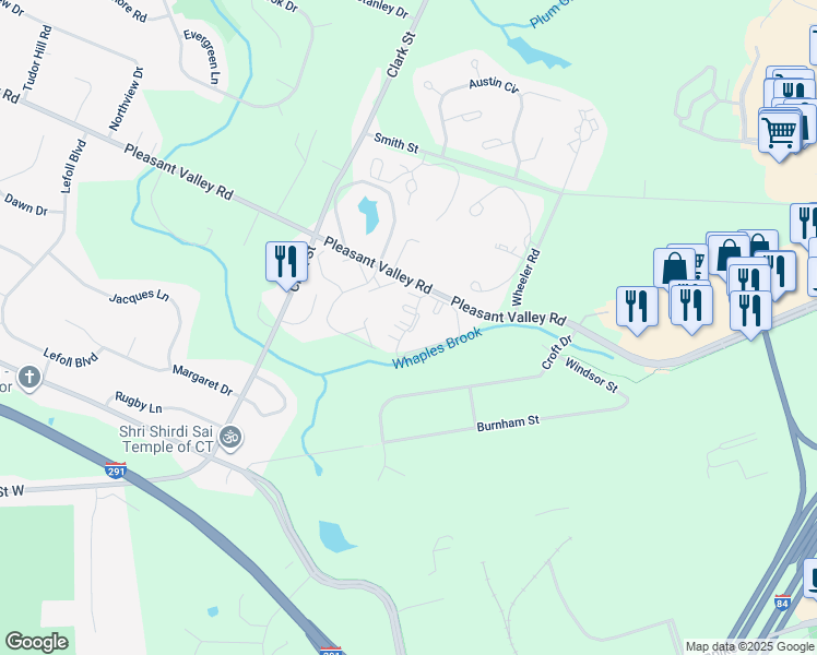 map of restaurants, bars, coffee shops, grocery stores, and more near 118 Ivy Lane in South Windsor