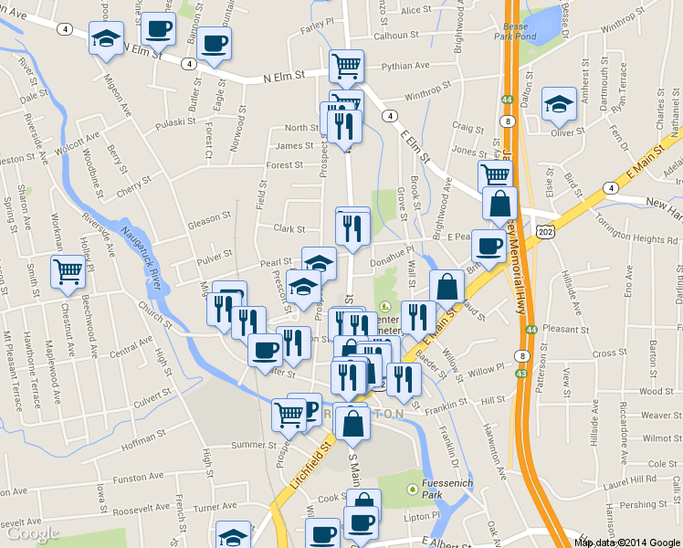 map of restaurants, bars, coffee shops, grocery stores, and more near 225 Main Street in Torrington