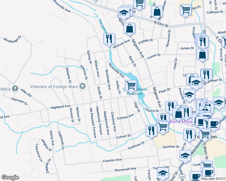 map of restaurants, bars, coffee shops, grocery stores, and more near 18 Workman Avenue in Torrington