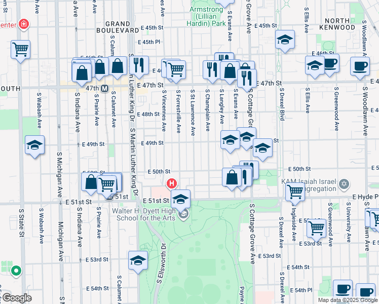 map of restaurants, bars, coffee shops, grocery stores, and more near 4925 South Forrestville Avenue in Chicago
