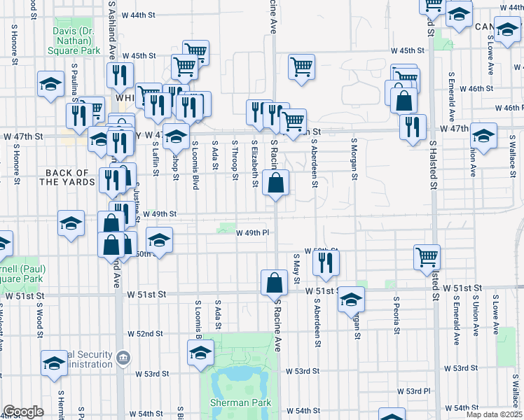map of restaurants, bars, coffee shops, grocery stores, and more near 4858 South Racine Avenue in Chicago