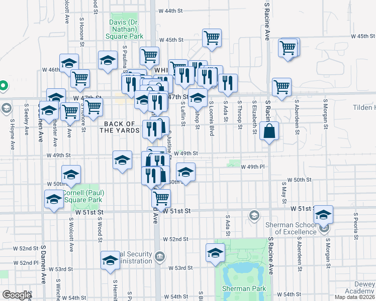 map of restaurants, bars, coffee shops, grocery stores, and more near 4858 South Bishop Street in Chicago