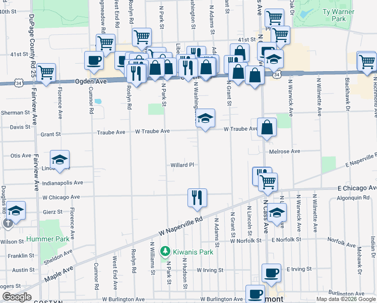 map of restaurants, bars, coffee shops, grocery stores, and more near 214 Willard Place in Westmont