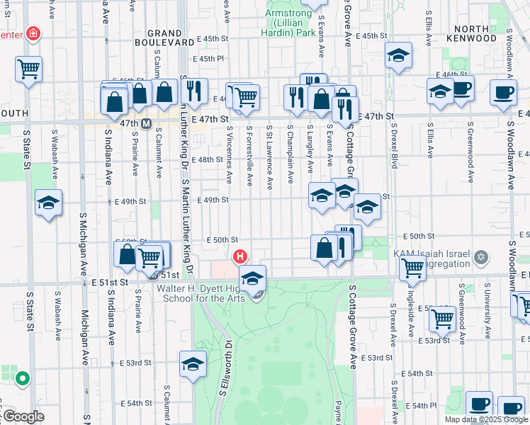 map of restaurants, bars, coffee shops, grocery stores, and more near 4925 South Forrestville Avenue in Chicago