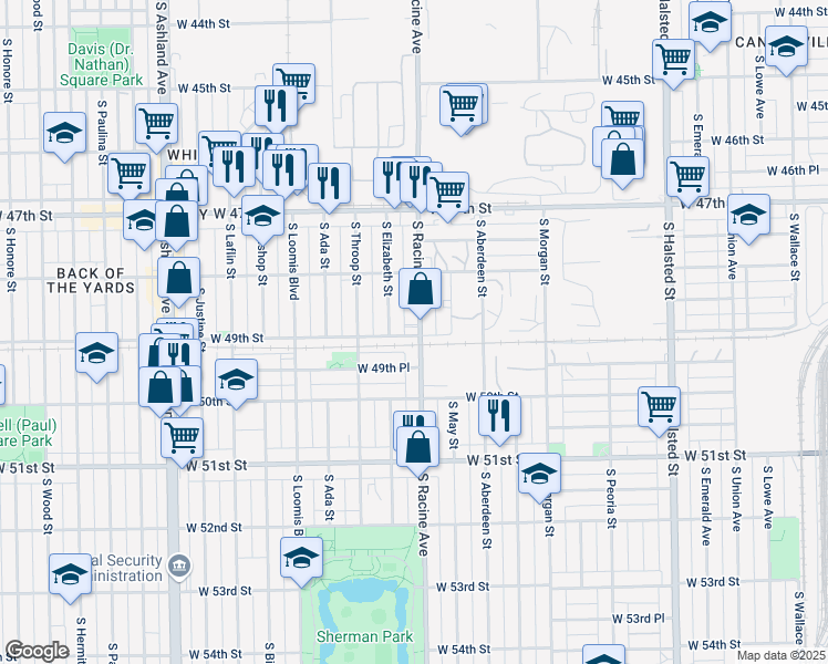 map of restaurants, bars, coffee shops, grocery stores, and more near 4858 South Racine Avenue in Chicago