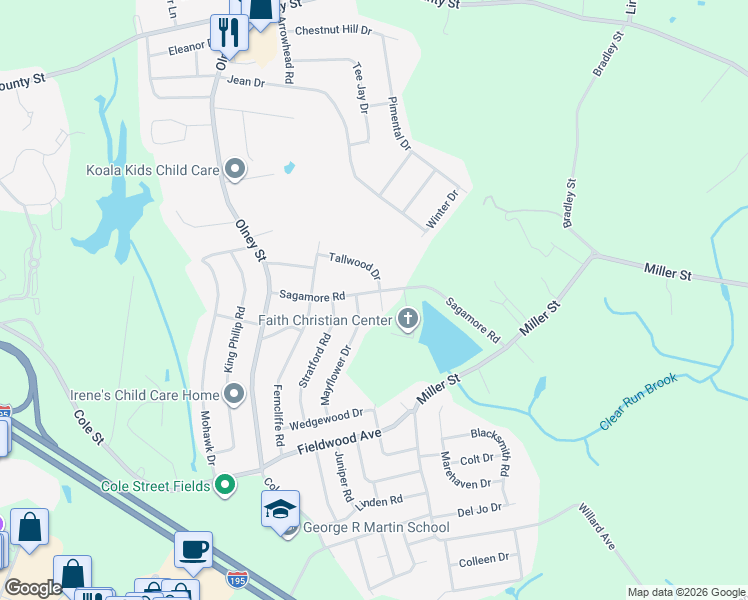 map of restaurants, bars, coffee shops, grocery stores, and more near 103 Mayflower Drive in Seekonk