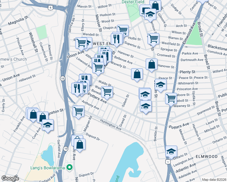 map of restaurants, bars, coffee shops, grocery stores, and more near 102 Wadsworth Street in Providence