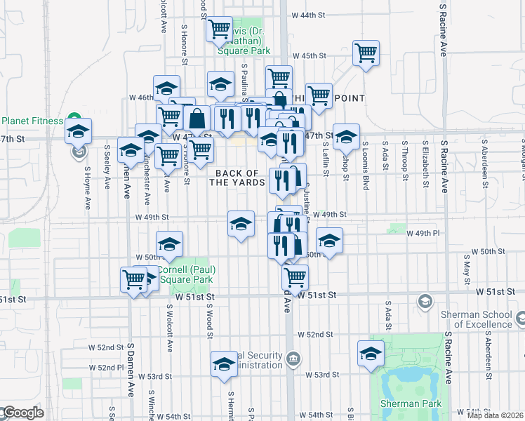 map of restaurants, bars, coffee shops, grocery stores, and more near 4857 South Marshfield Avenue in Chicago