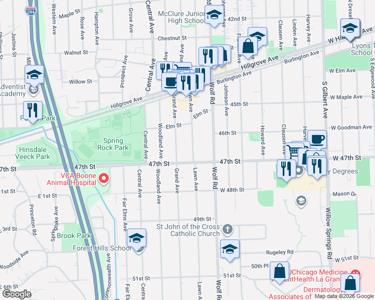 map of restaurants, bars, coffee shops, grocery stores, and more near 4635 Lawn Avenue in Western Springs