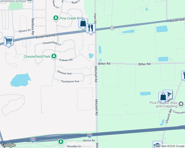 map of restaurants, bars, coffee shops, grocery stores, and more near 103 Schneider Court in North Aurora