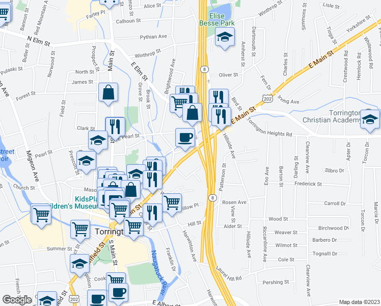 map of restaurants, bars, coffee shops, grocery stores, and more near 332 East Main Street in Torrington
