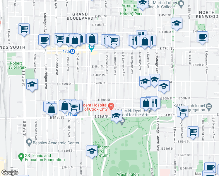map of restaurants, bars, coffee shops, grocery stores, and more near 4917 South Vincennes Avenue in Chicago