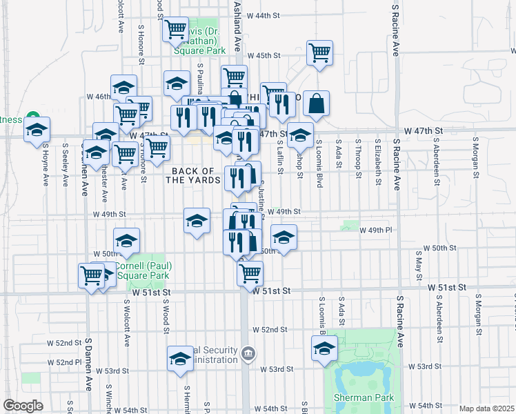 map of restaurants, bars, coffee shops, grocery stores, and more near 4852 South Justine Street in Chicago
