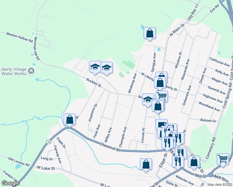 map of restaurants, bars, coffee shops, grocery stores, and more near 125 Buckley Street in Liberty