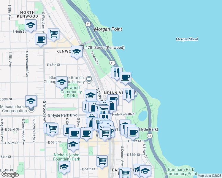 map of restaurants, bars, coffee shops, grocery stores, and more near 4922 South Cornell Avenue in Chicago