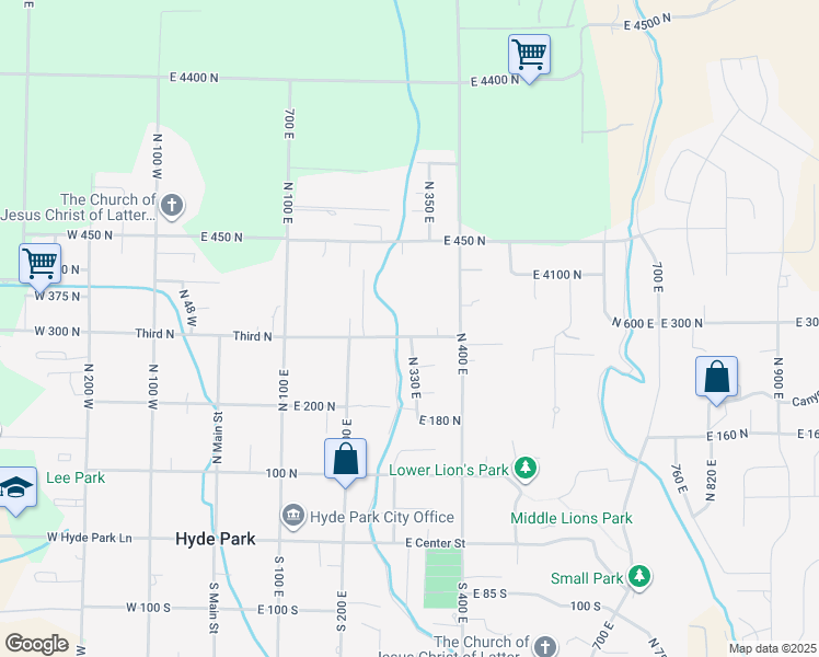 map of restaurants, bars, coffee shops, grocery stores, and more near 305 East 300 North in Hyde Park