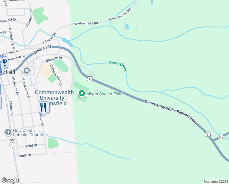 map of restaurants, bars, coffee shops, grocery stores, and more near 17822 State Route 6 in Mansfield
