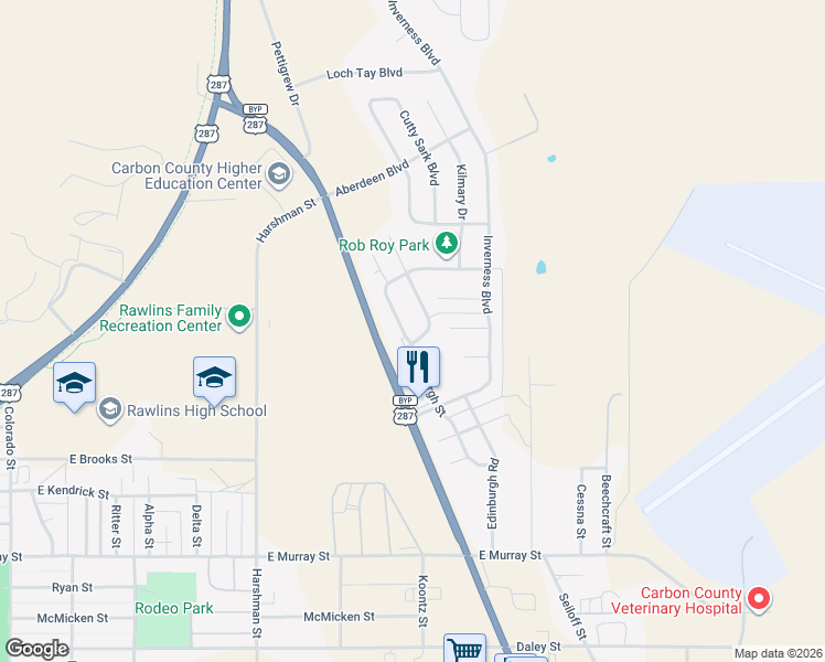 map of restaurants, bars, coffee shops, grocery stores, and more near 1801-1907 Edinburgh Street in Rawlins