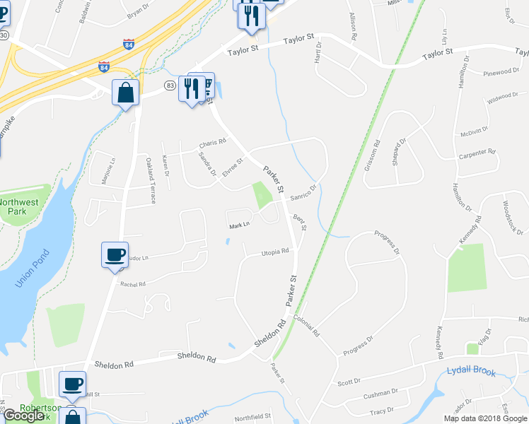 map of restaurants, bars, coffee shops, grocery stores, and more near 9 Jamie Lane in Manchester