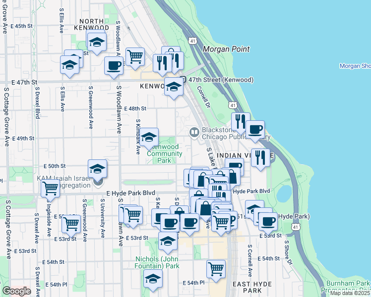 map of restaurants, bars, coffee shops, grocery stores, and more near 4926 South Blackstone Avenue in Chicago